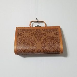 Wooden Handbag with Ornate Embossment and Brass Latch